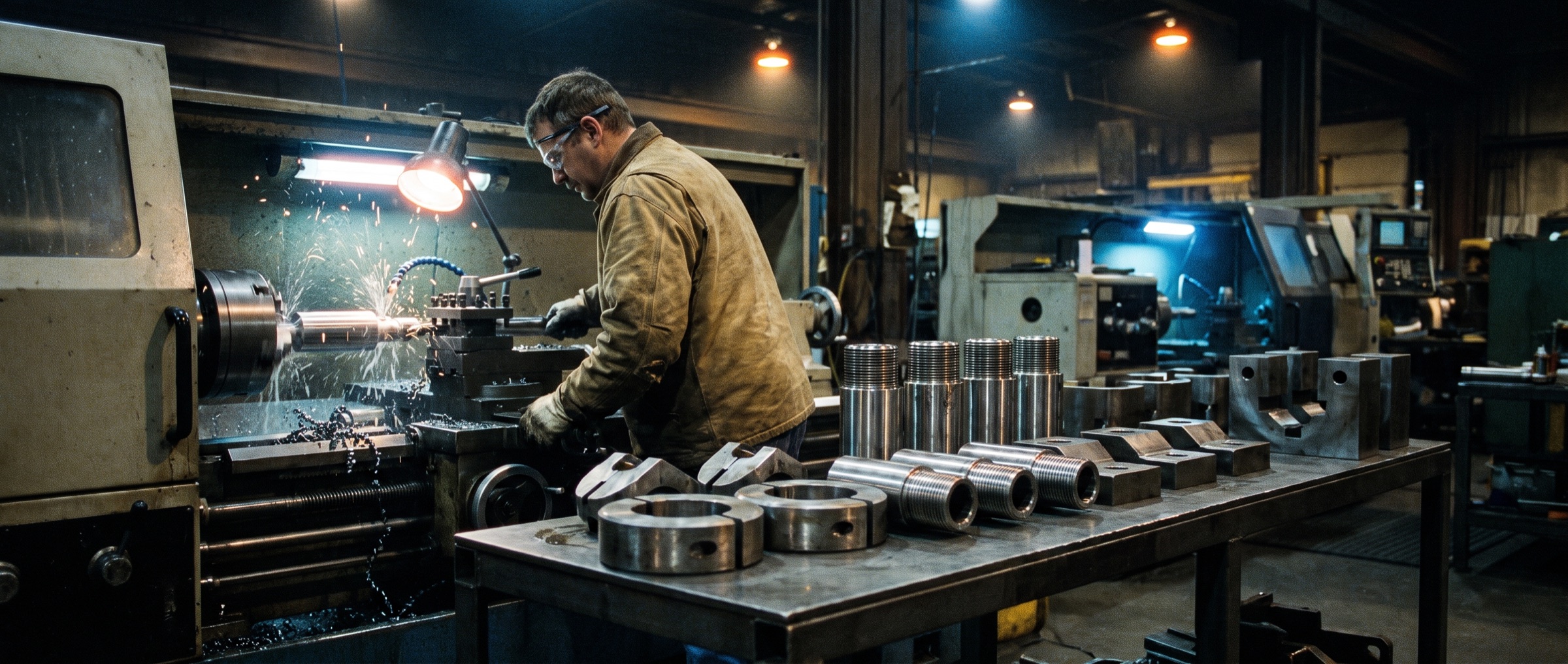 A machinist at a CNC lathe cutting a steel drilling component under a worklight, with finished centralizer collars, threaded spindle sleeves and jaw blocks laid out on the bench beside him